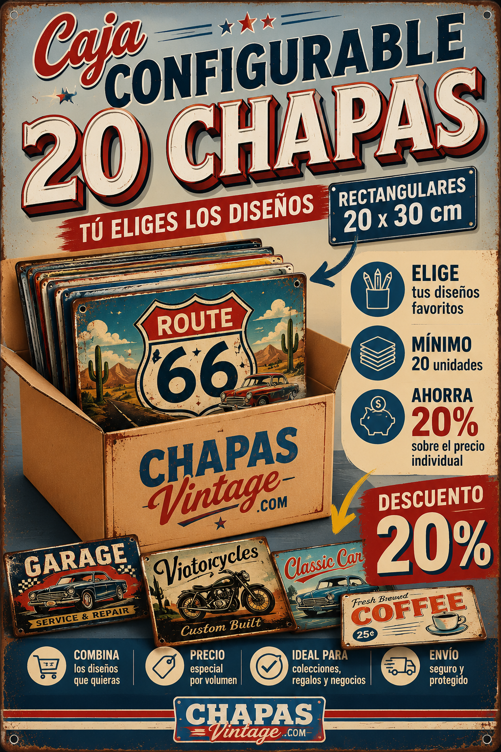 Caja Configurable de 20 Chapas Decorativas Vintage